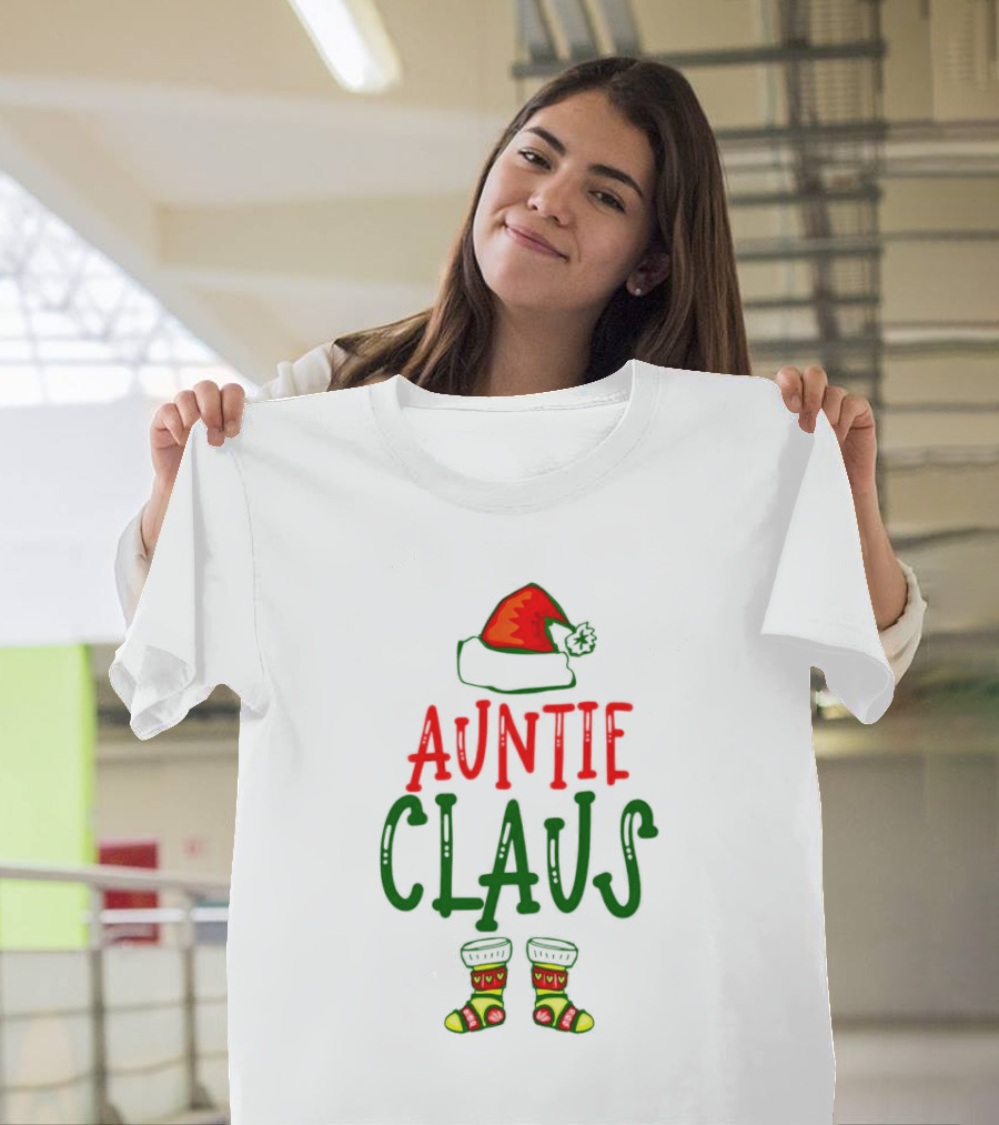 Auntie Claus Christmas Holiday Hat And Festive Socks T-Shirt