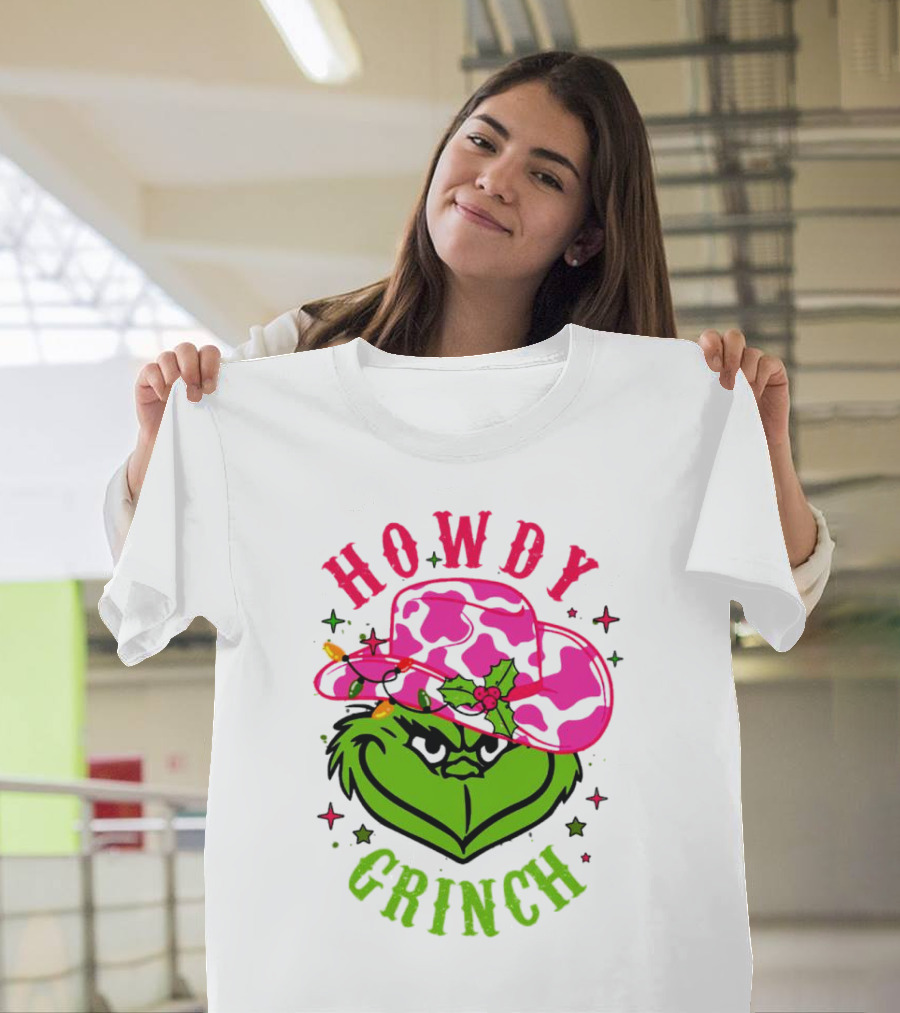 Howdy Grinch Christmas Cowboy Hat Festive Lights T-Shirt