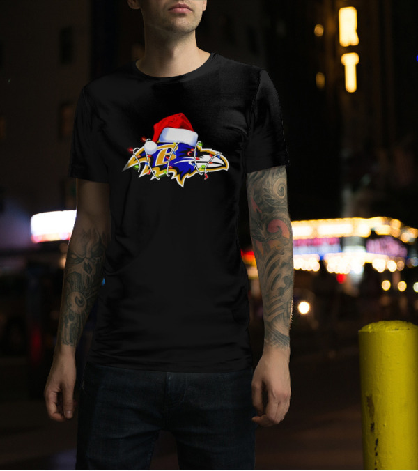 Baltimore Ravens Christmas Lights Santa Hat T-Shirt