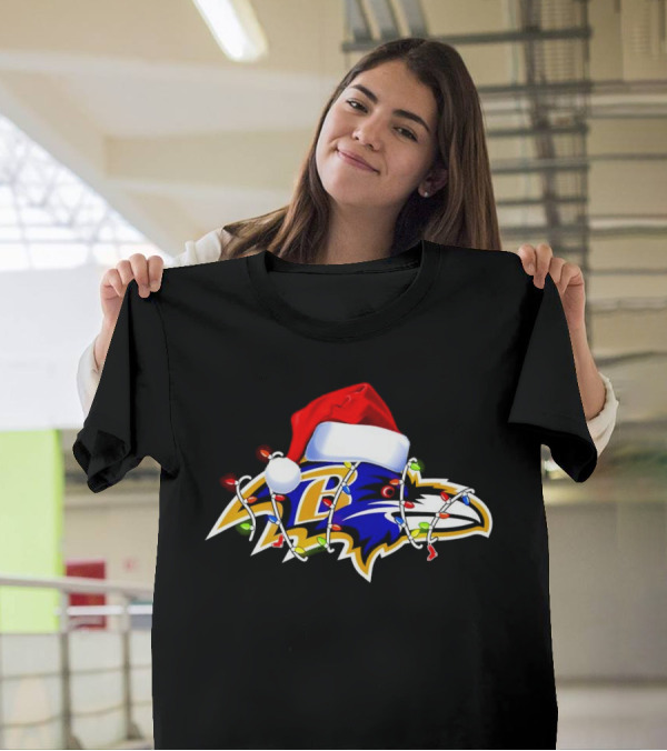 Baltimore Ravens Christmas Lights Santa Hat T-Shirt