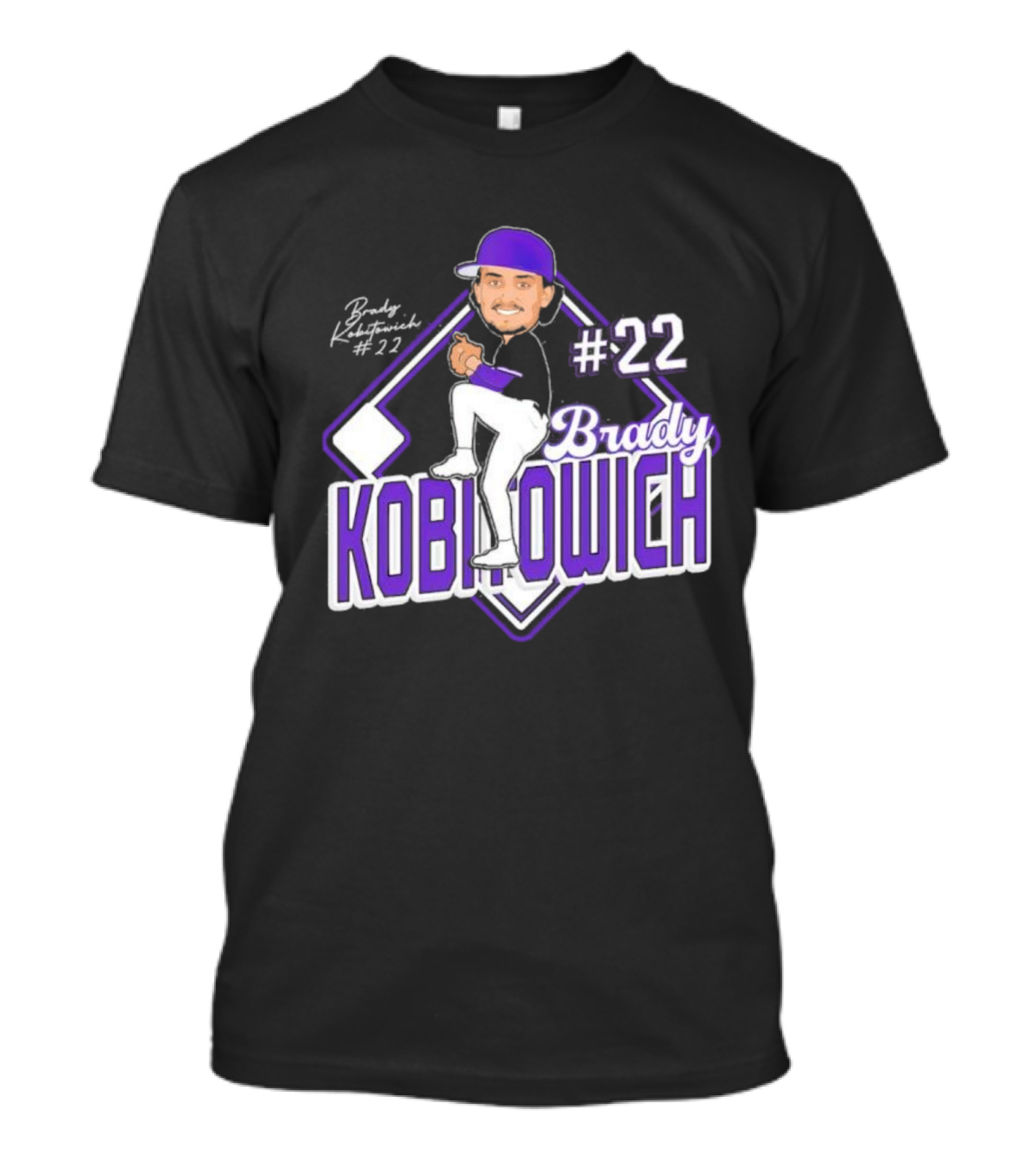 Brady Kobitowich #22 Baseball Cartoon Character Purple Cap 2023-2024 T-Shirt