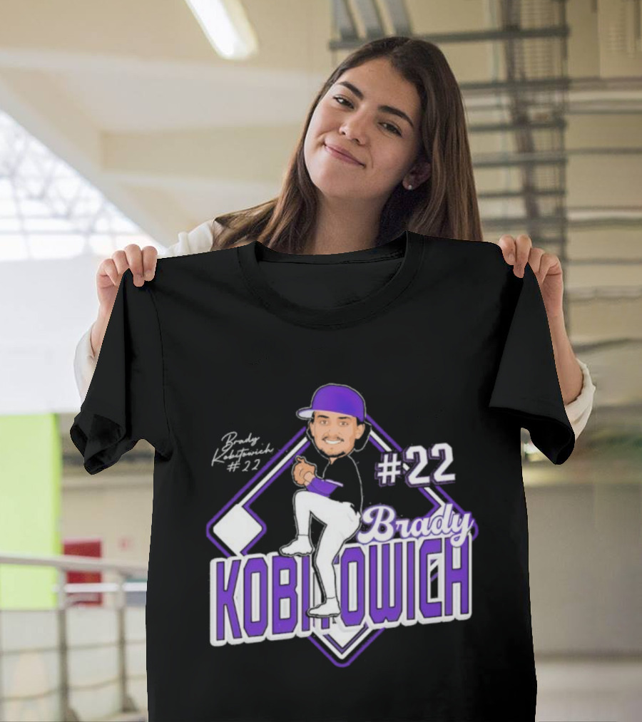 Brady Kobitowich #22 Baseball Cartoon Character Purple Cap 2023-2024 T-Shirt