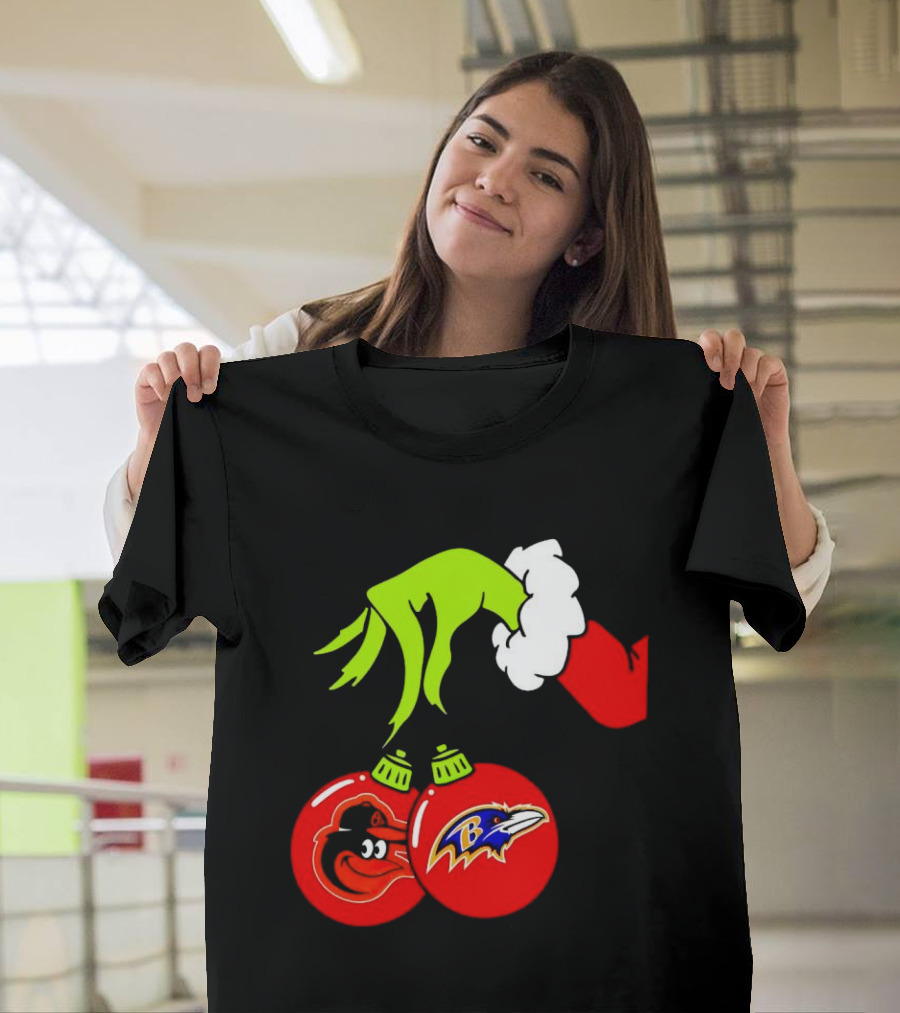 Grinch Hand Holding Baltimore Ravens And Orioles Christmas Ornaments T-Shirt
