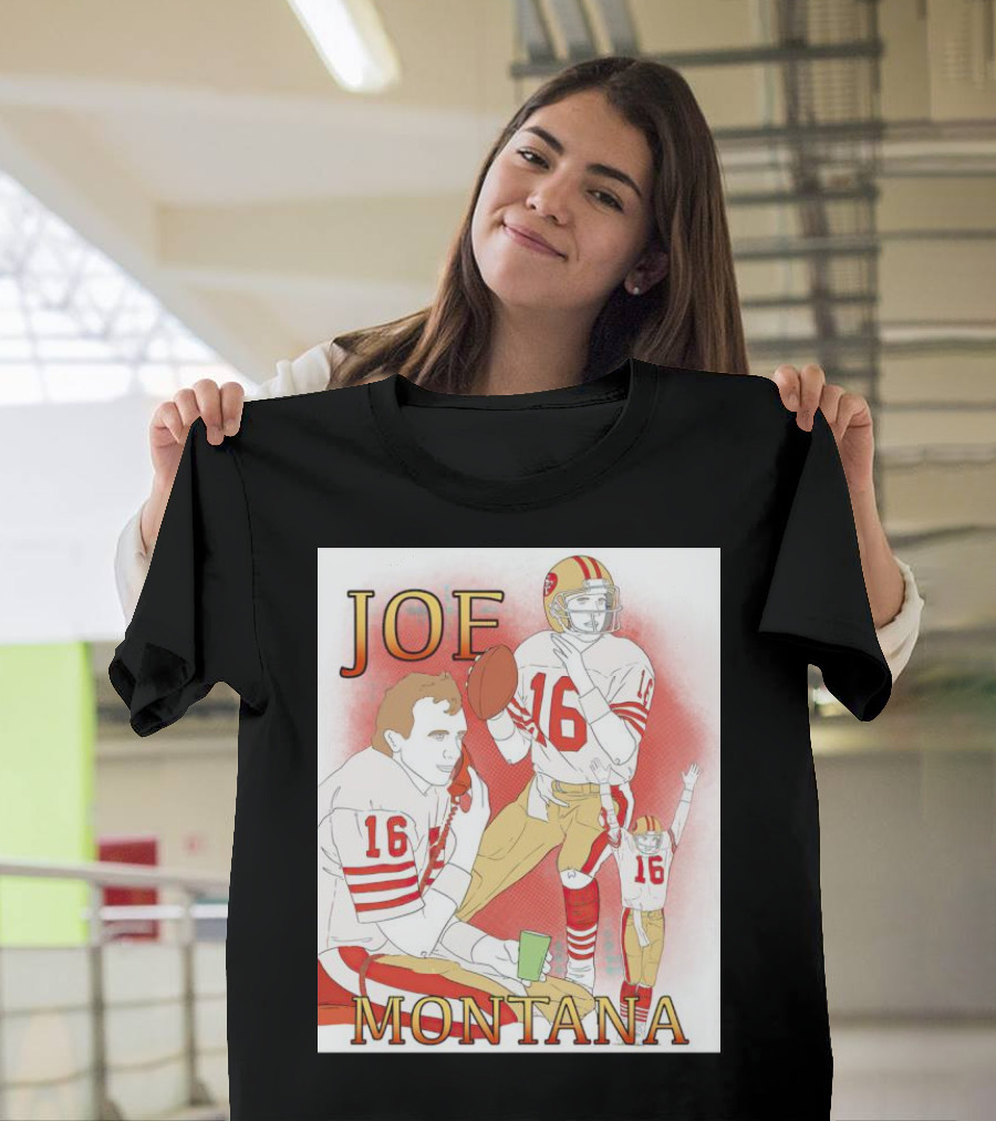 Joe Montana Football Quarterback Collage 16 Red and Gold T-Shirt