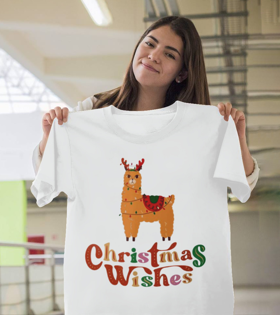 Christmas Wishes Llama Reindeer With Lights T-Shirt