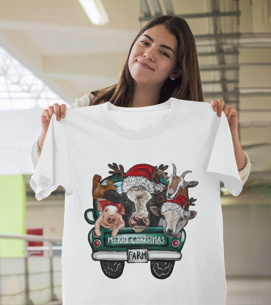 Merry Christmas Farm Animals In Holiday Truck T-Shirt