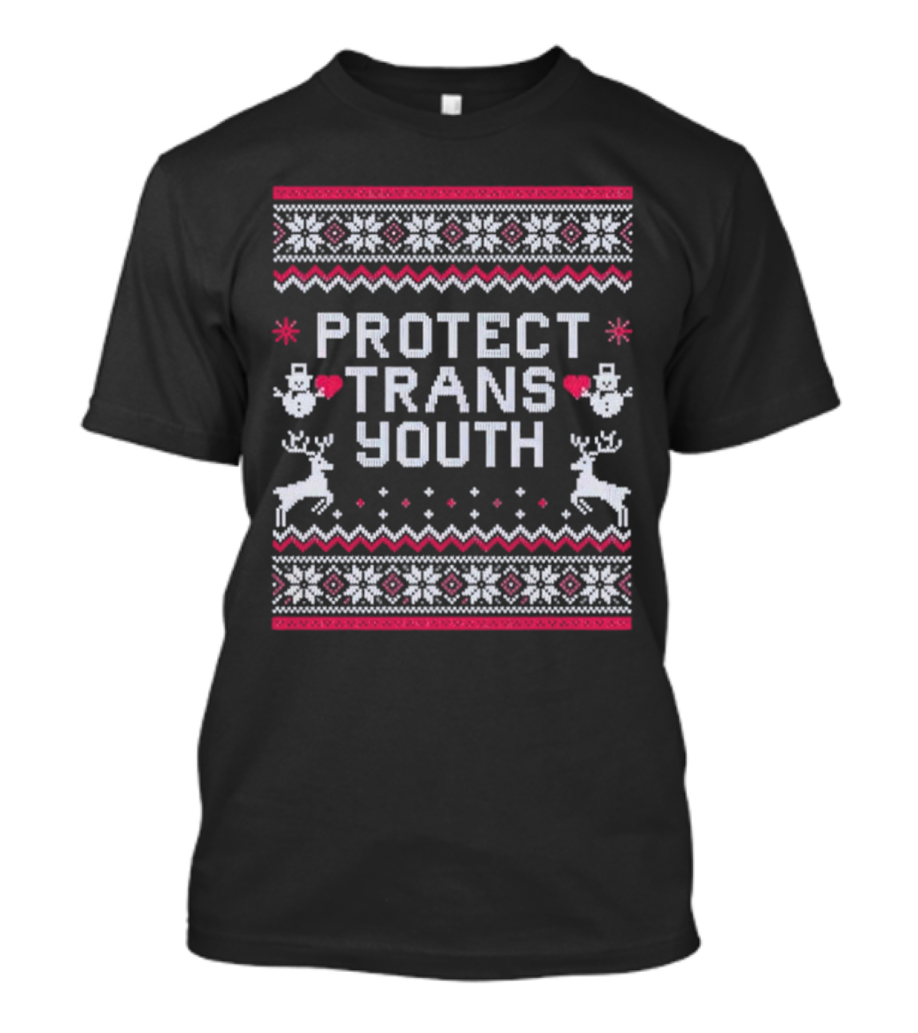 PROTECT TRANS YOUTH Snowflakes Reindeer Hearts Snowmen T-Shirt