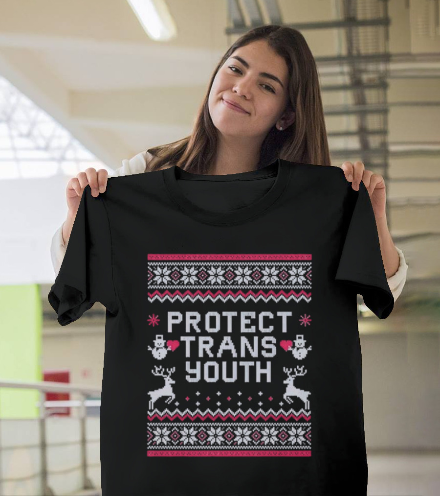 PROTECT TRANS YOUTH Snowflakes Reindeer Hearts Snowmen T-Shirt
