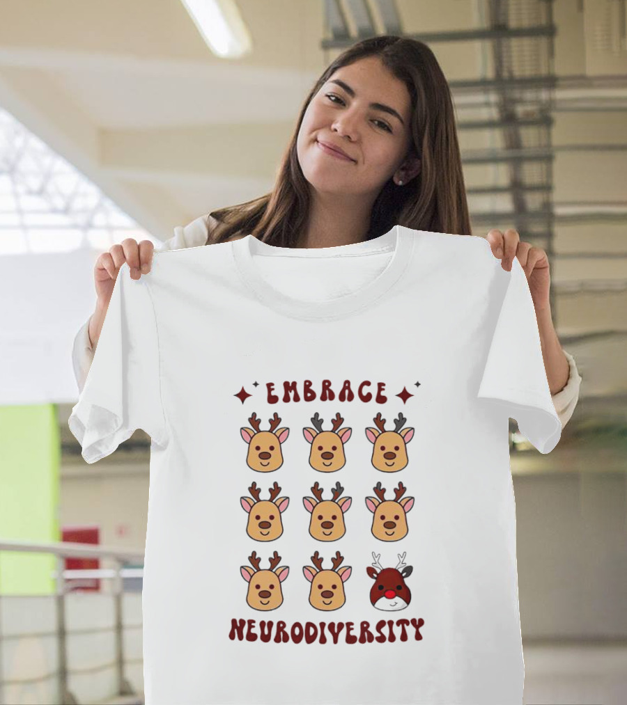 Embrace Neurodiversity Reindeer Faces Red Nose T-Shirt