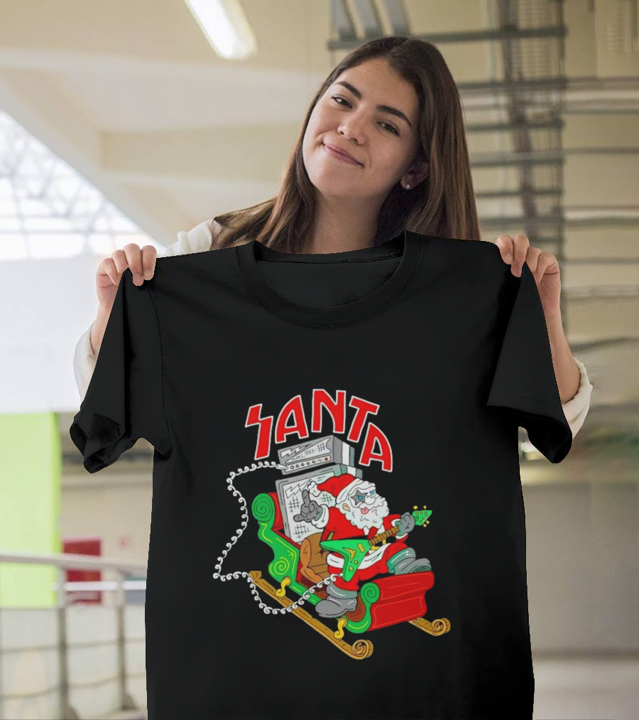 Santa Rocks Sleigh With Guitar And Amps Christmas T-Shirt