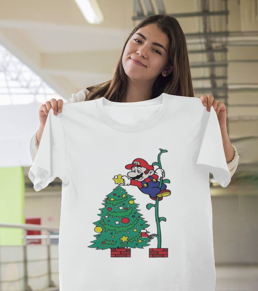 Super Mario Decorating Christmas Tree With Power-Up Star And Brick Blocks T-Shirt