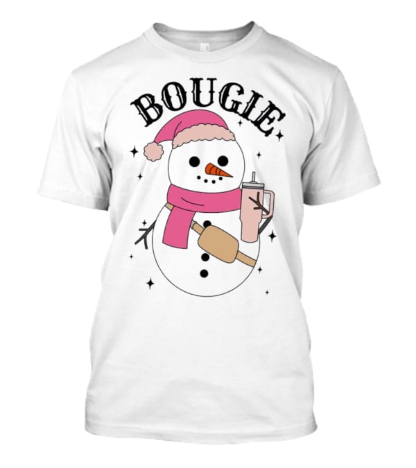 BOUGIE Snowman In Pink Hat And Scarf With Drink Cup T-Shirt
