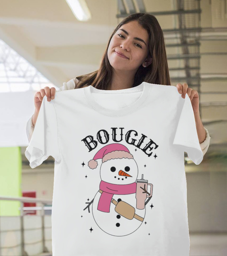 BOUGIE Snowman In Pink Hat And Scarf With Drink Cup T-Shirt