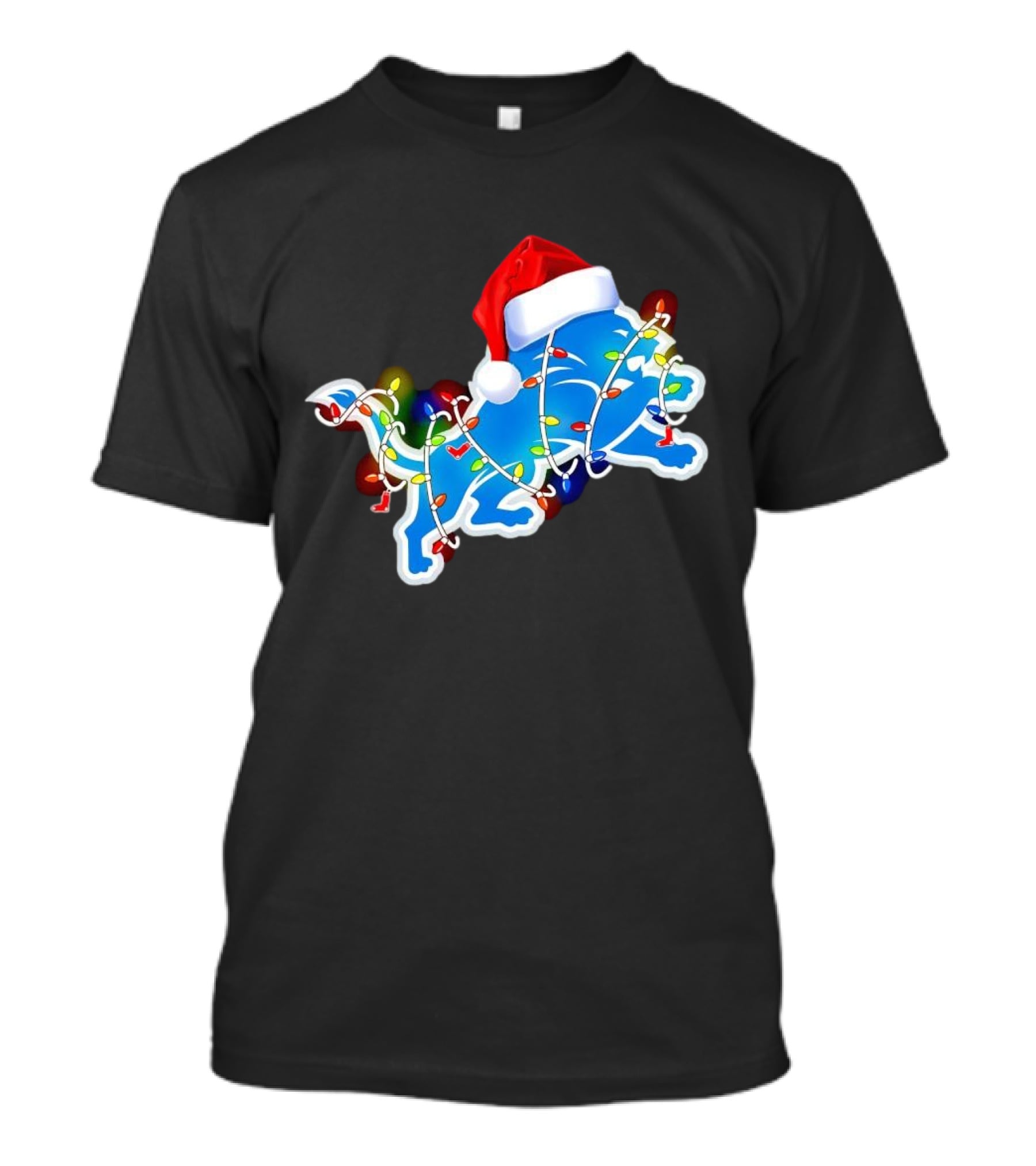 Detroit Lions Christmas Lights Santa Hat Holiday Football T-Shirt