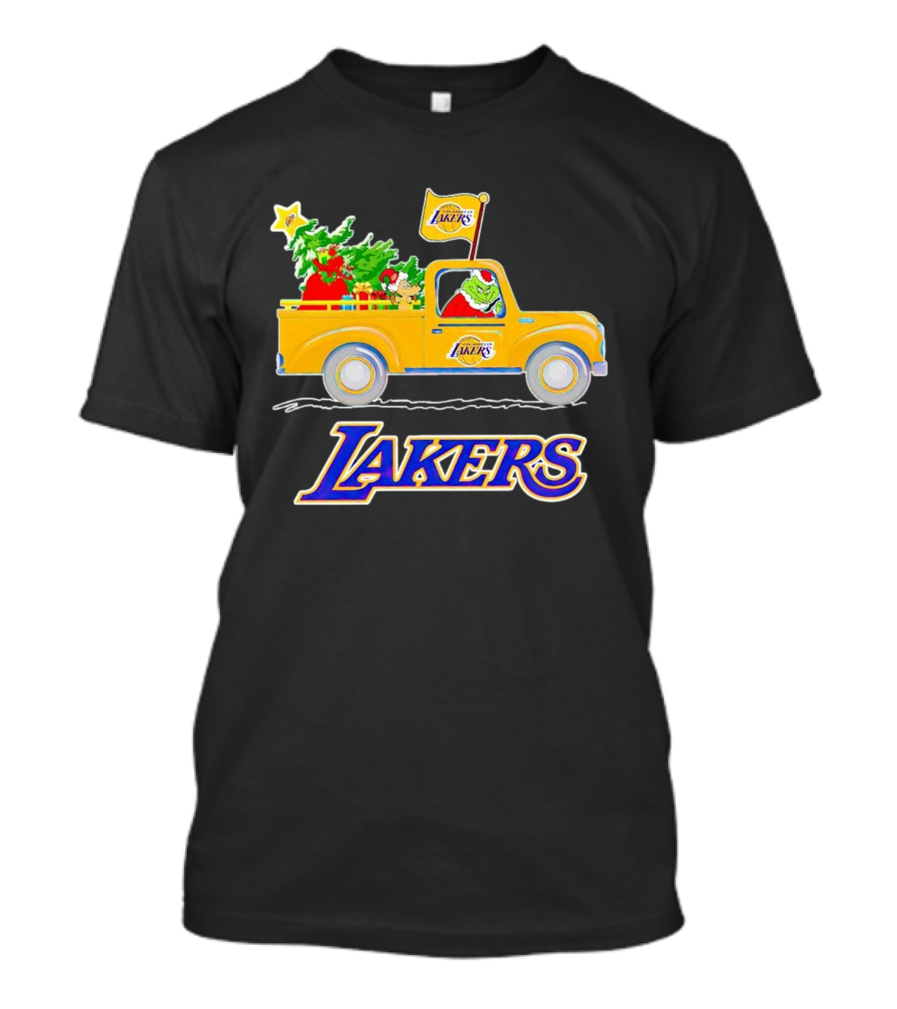 Grinch Driving Los Angeles Lakers Truck With Christmas Tree T-Shirt