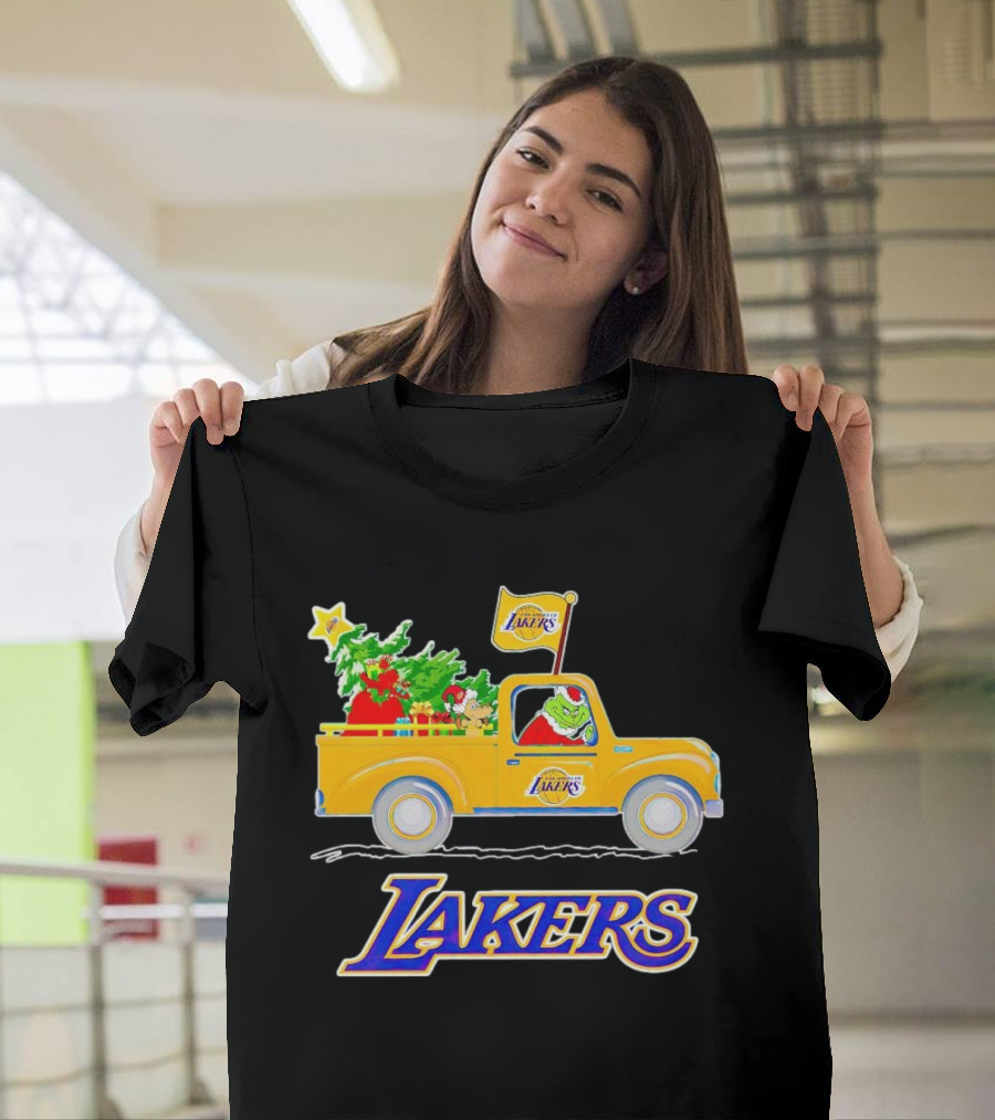 Grinch Driving Los Angeles Lakers Truck With Christmas Tree T-Shirt