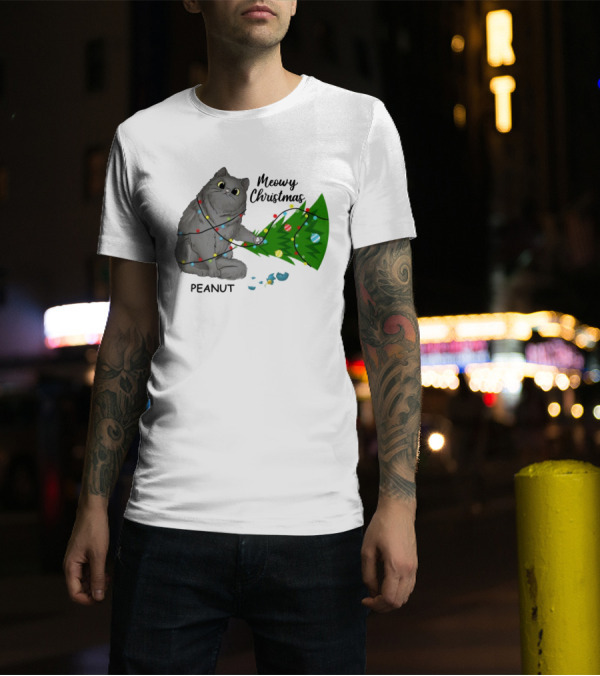 Meowy Christmas Cat Wrapped In Lights With Custom Name Peanut T-Shirt