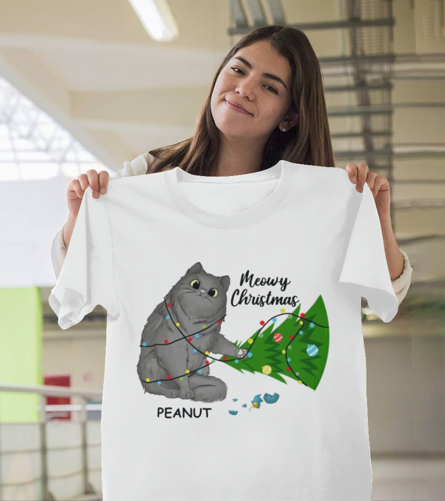 Meowy Christmas Cat Wrapped in Lights with Custom Name Peanut T-Shirt