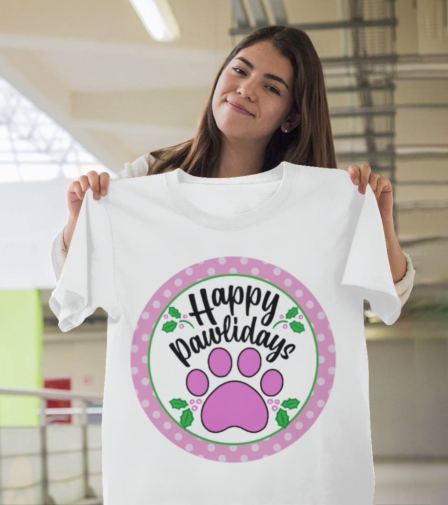 Happy Pawlidays Pink Paw Print With Holly Border Christmas T-Shirt