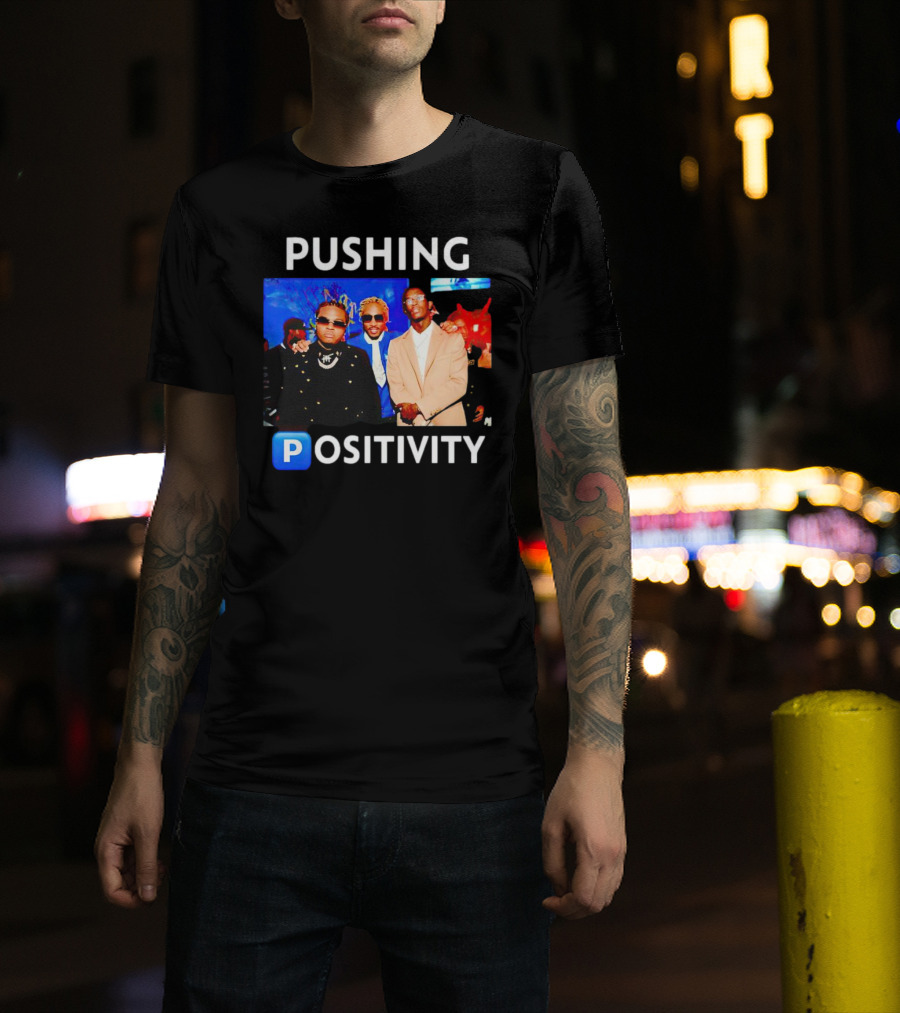Pushing Positivity Iconic Trio With Blue Background T-Shirt