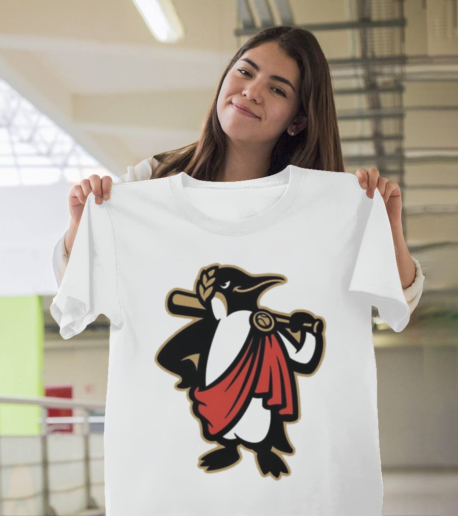 Rome Emperors Penguin in Red Toga with Baseball Bat and Laurel Wreath T-Shirt
