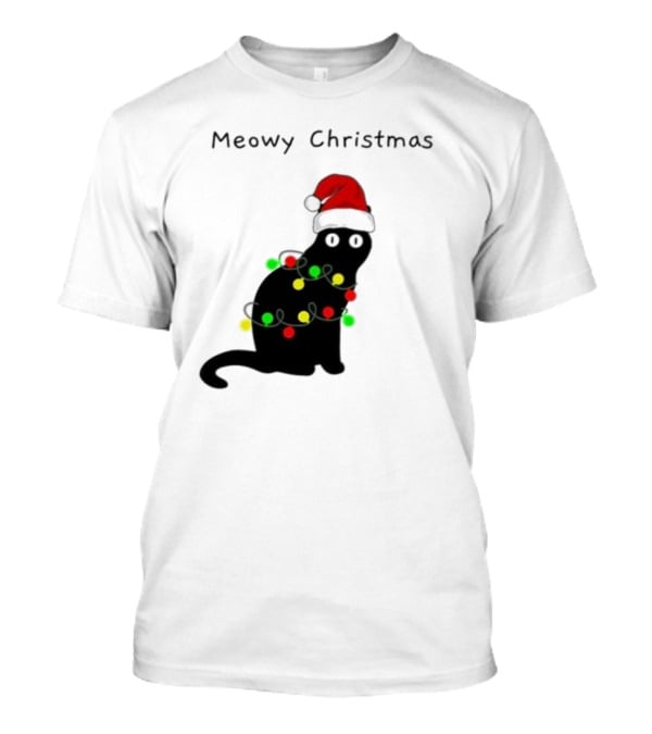 Meowy Christmas Santa Cat With Lights T-Shirt