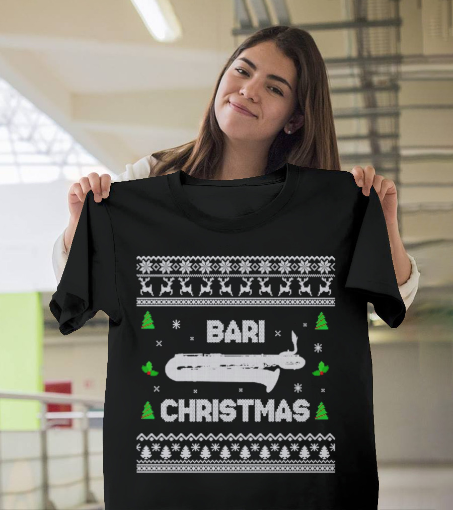 Bari Christmas Saxophone Ugly Sweater Reindeer Trees Snowflakes T-Shirt