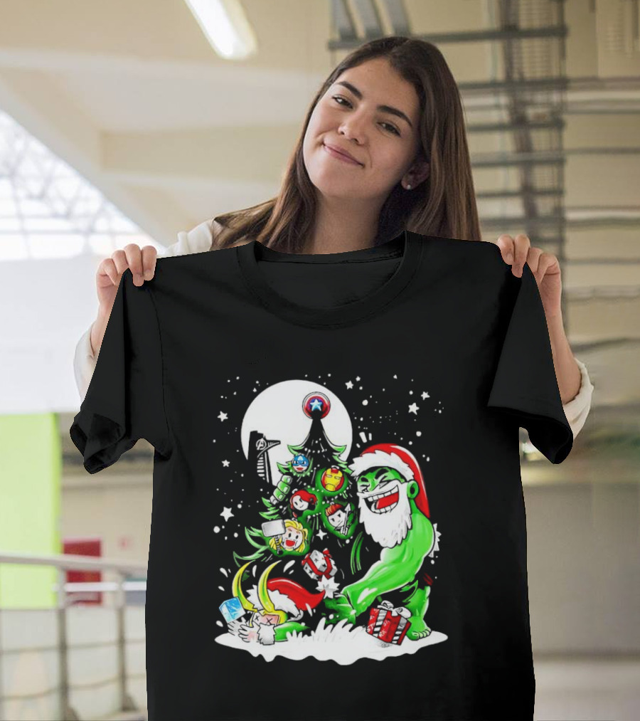 The Avengers Marvel Characters Christmas Tree With Hulk Santa And Superhero Ornaments T-Shirt