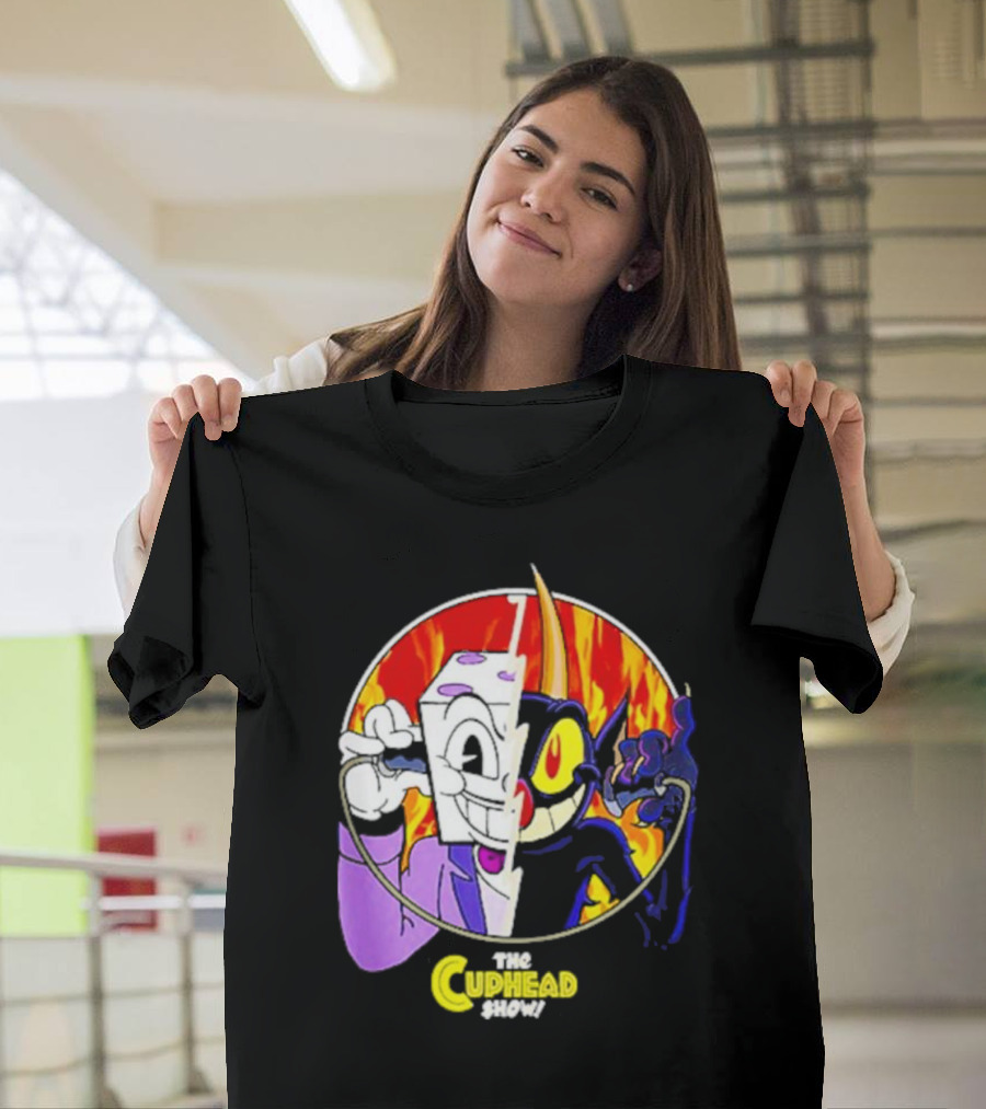 The Cuphead Show King Dice Devil Iconic Faces Fiery Background T-Shirt