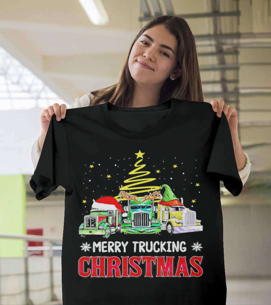 Merry Trucking Christmas With Festive Decorated Trucks And Starry Tree T-Shirt
