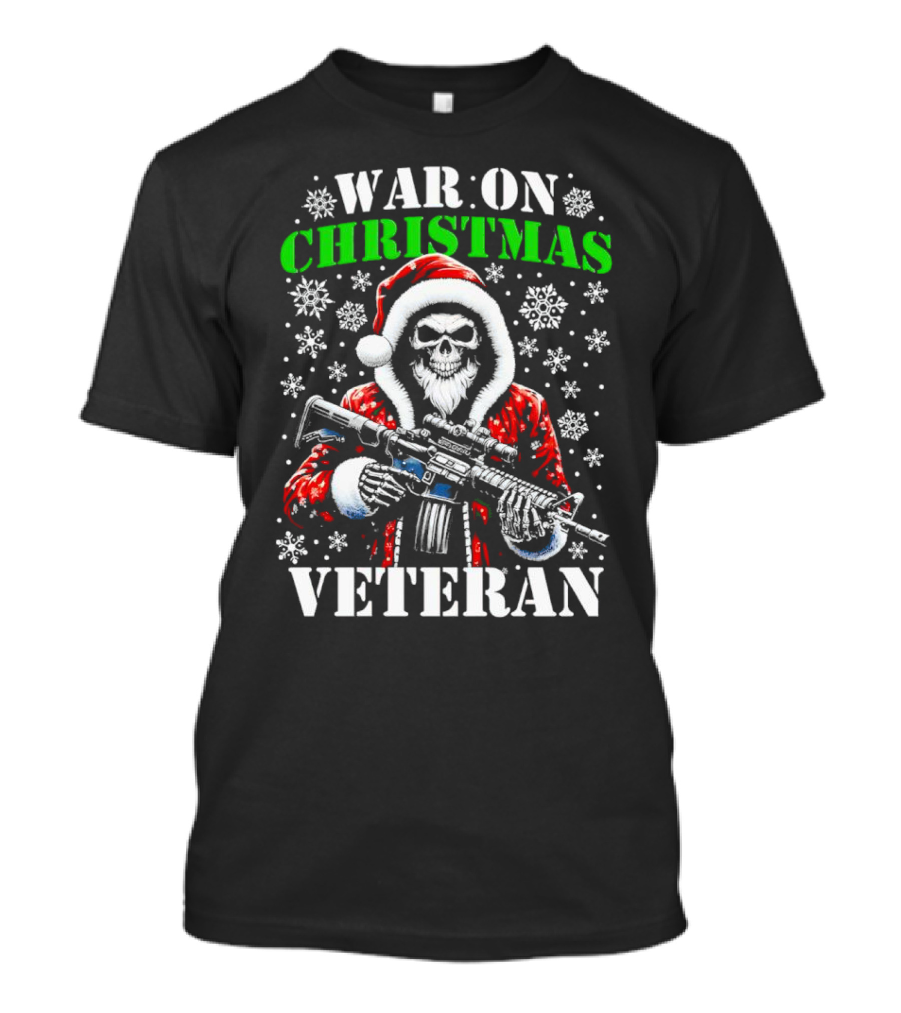 War On Christmas Veteran Skeleton Santa With Rifle Snowflakes T-Shirt