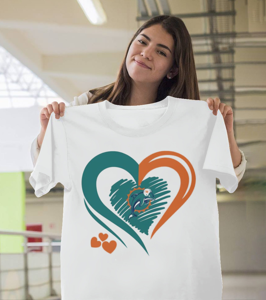 Miami Dolphins Heart Shape Emblem with Three Small Hearts T-Shirt