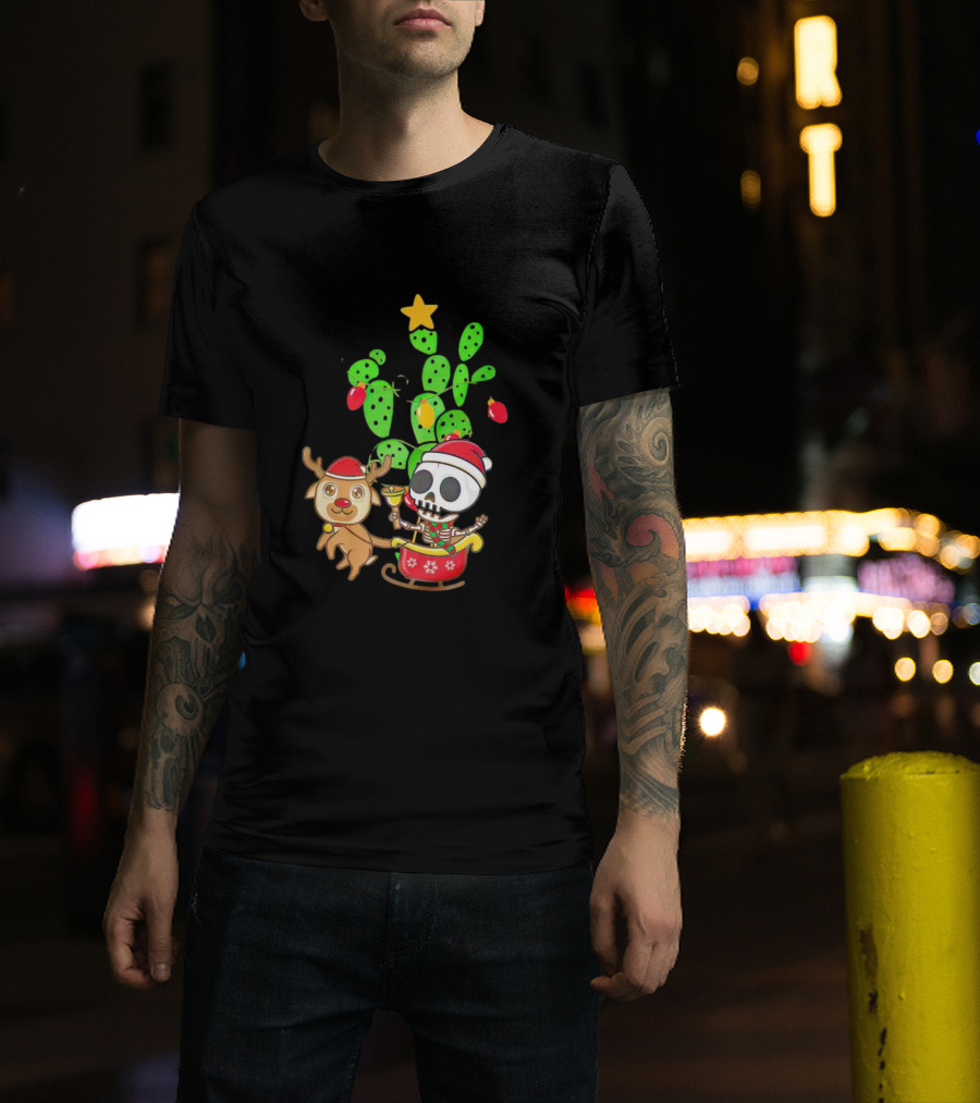 Nopalito Calacas Feliz Navidad Cactus Skeleton Reindeer Christmas T-Shirt