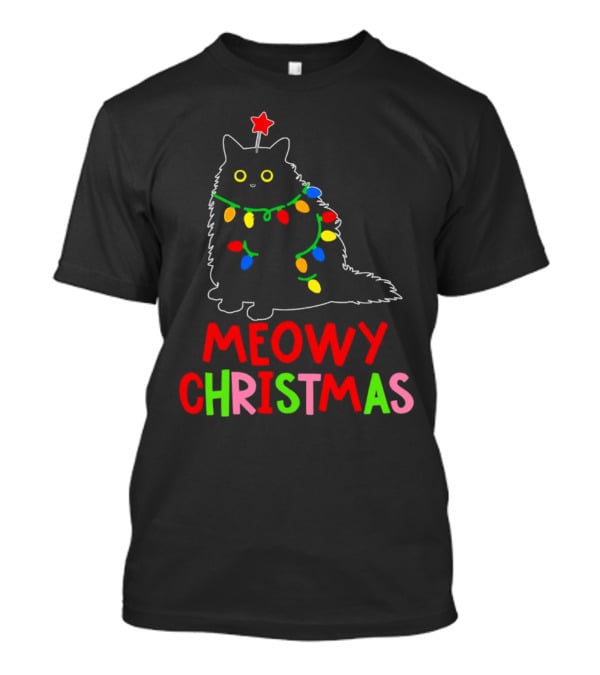 Meowy Christmas Black Cat With Lights T-Shirt
