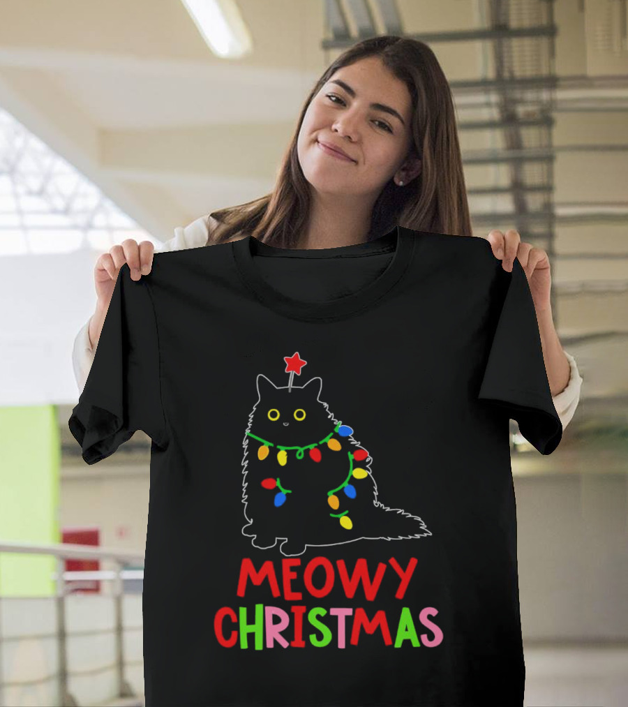 Meowy Christmas Black Cat with Lights T-Shirt