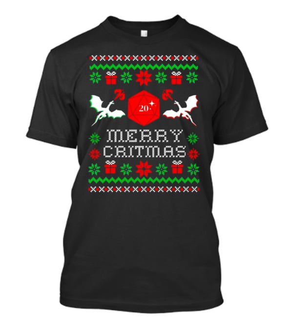 Merry Critmas Christmas Dragons With D20 Dice And Festive Decorations T-Shirt