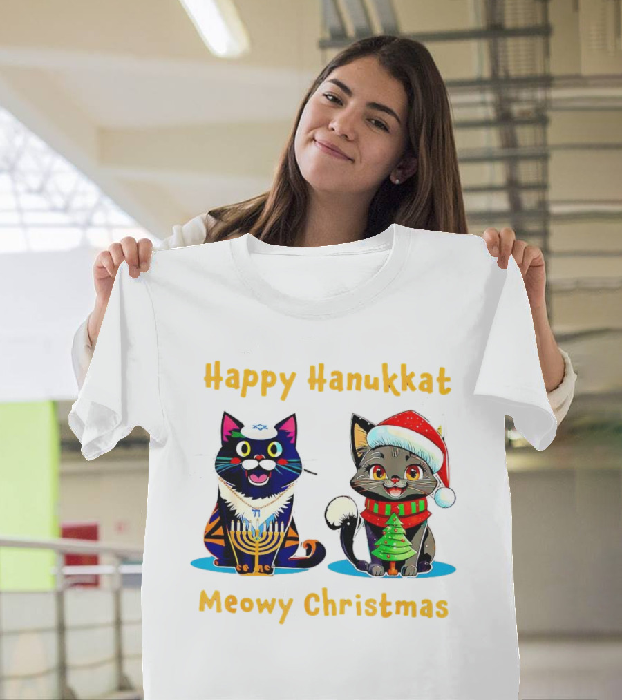 Happy Hanukkat Meowy Christmas Cats in Festive Holiday Attire T-Shirt