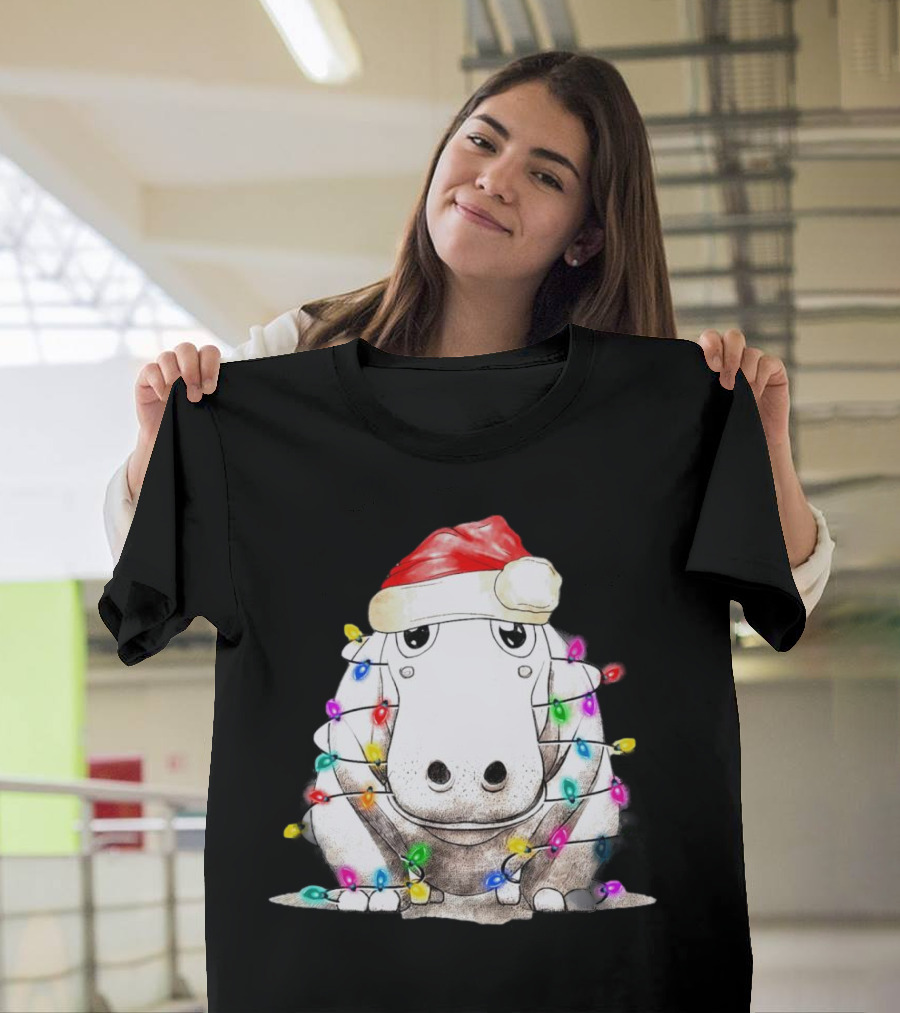 Santa Hippo Wrapped in Christmas Lights with Santa Hat T-Shirt