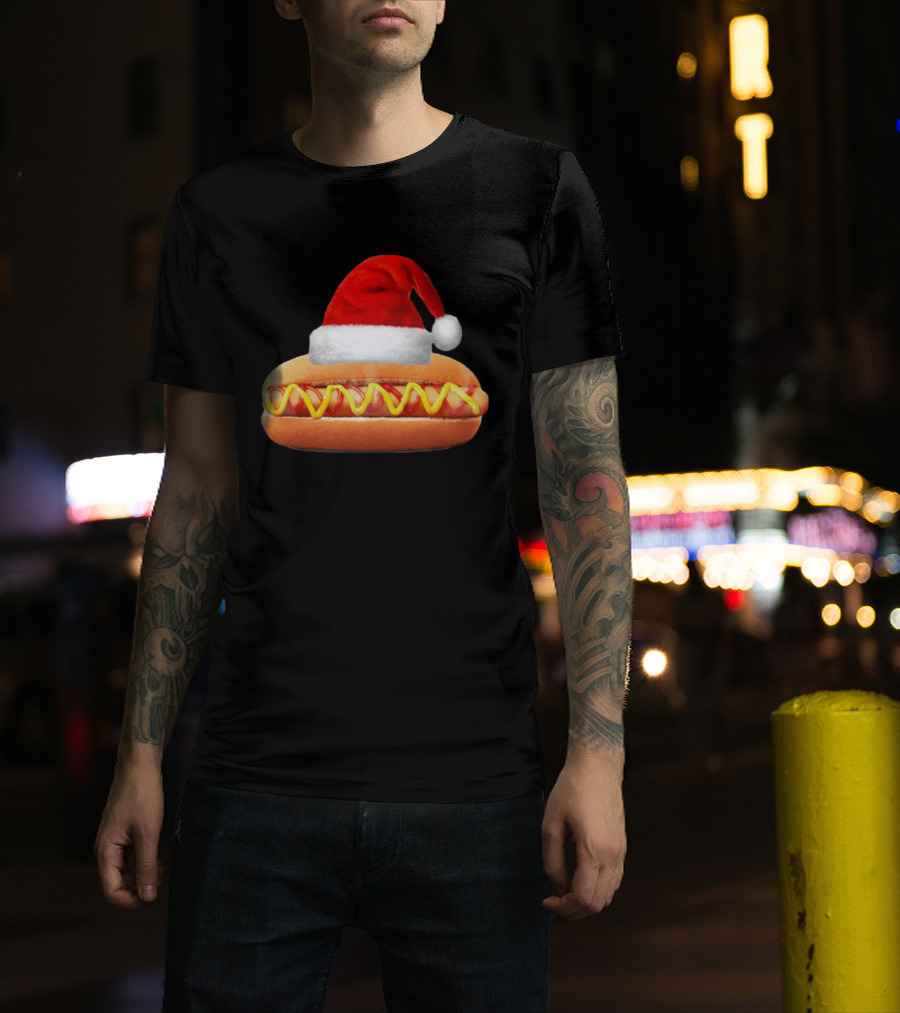 Santa Hat Hot Dog Christmas Family Dinner T-Shirt