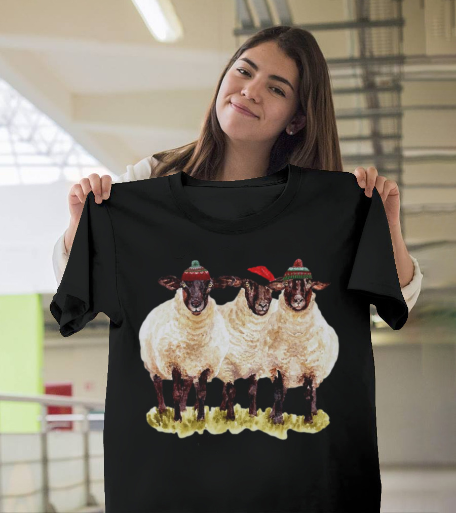 Merry Christmas Santa Sheep Trio with Festive Hats T-Shirt