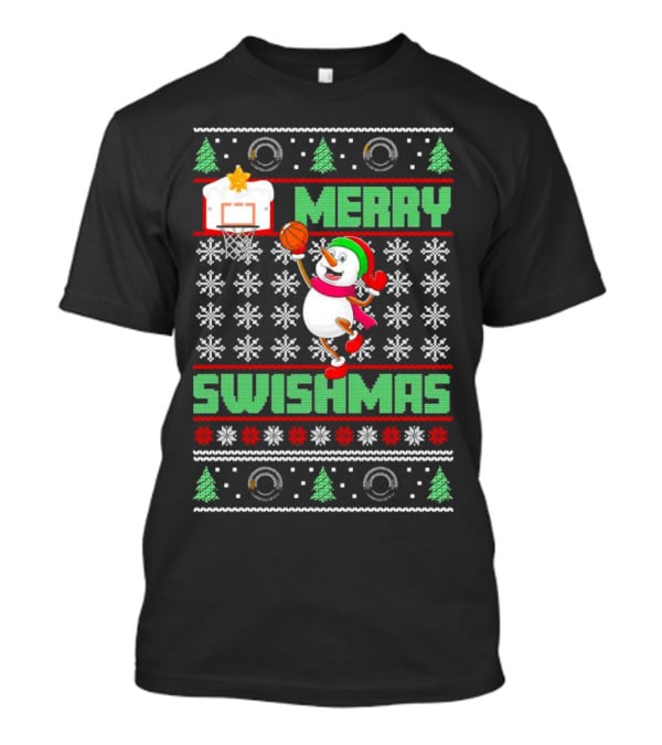 Merry Swishmas Snowman Playing Basketball Holiday T-Shirt