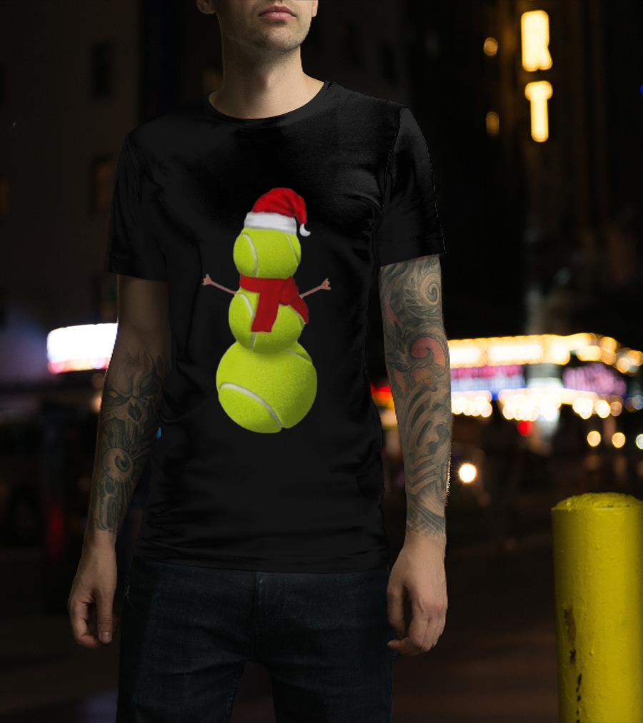 Tennis Ball Snowman With Santa Hat And Scarf Merry Christmas T-Shirt