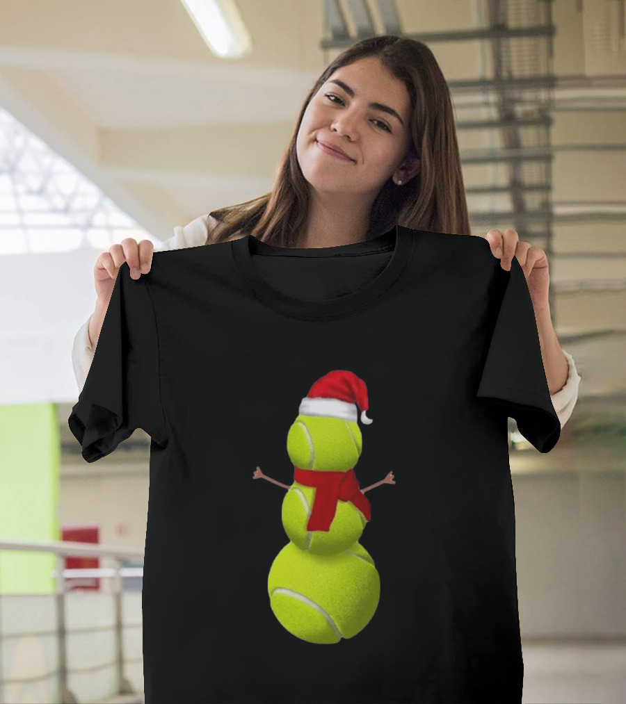 Tennis Ball Snowman With Santa Hat And Scarf Merry Christmas T-Shirt