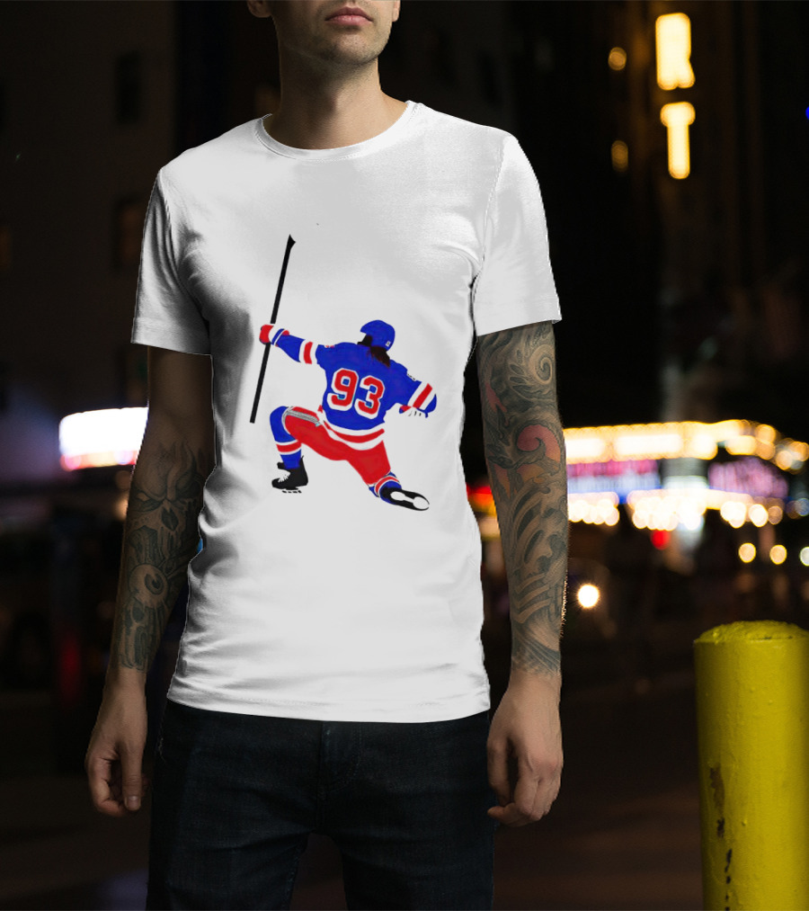 Mika Zibanejad Number 93 Hockey Celebration Iconic Bowing Pose T-Shirt