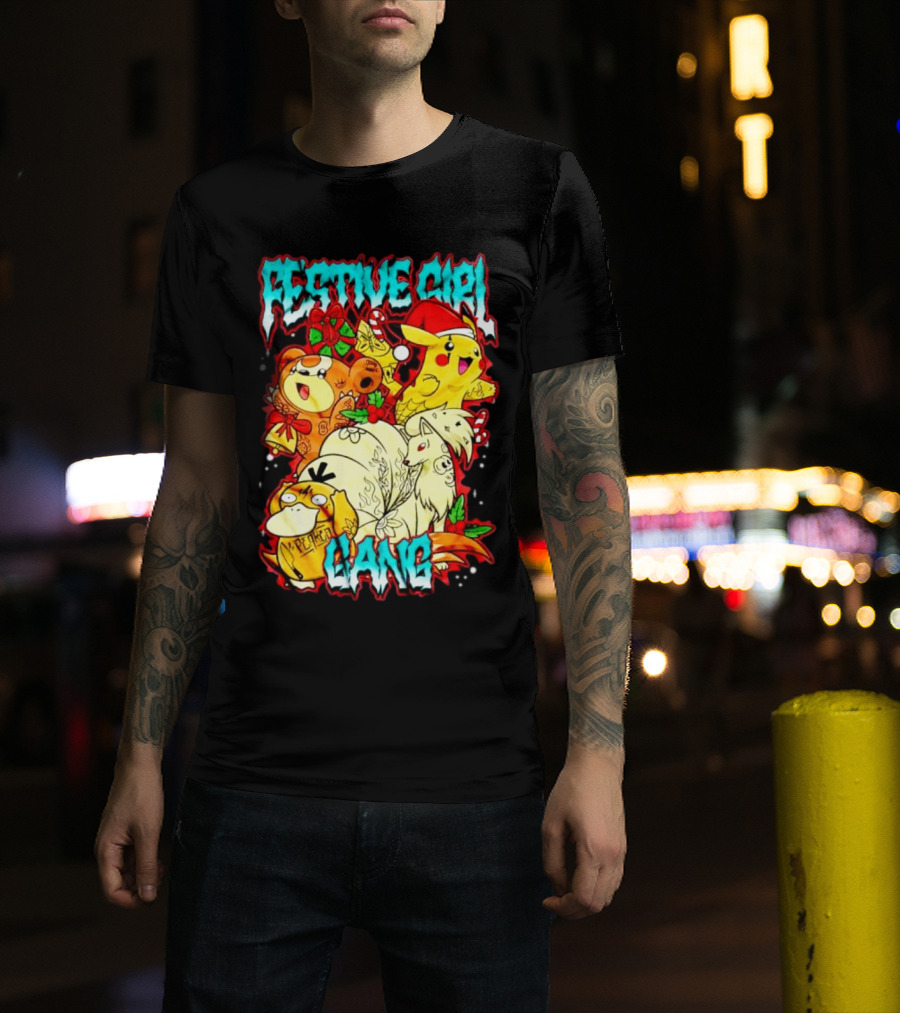 Festive Girl Gang Pokémon Pikachu Psyduck Clefairy Vulpix Christmas T-Shirt