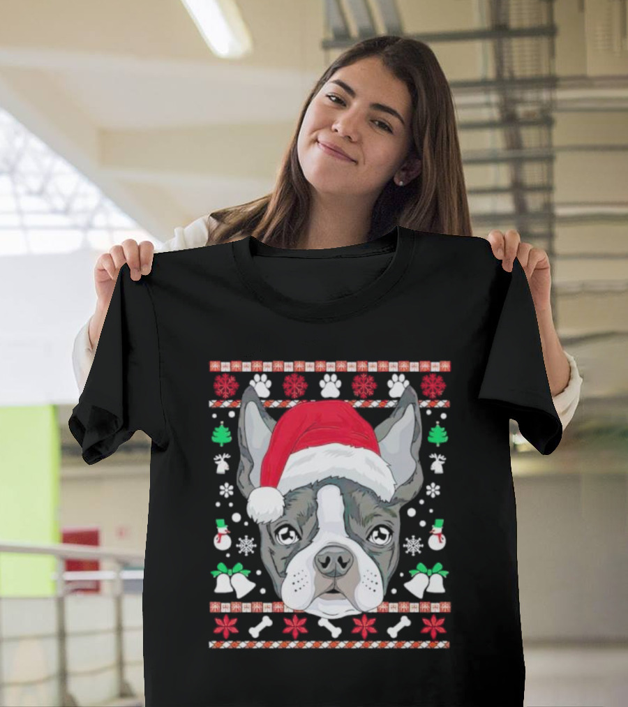 Santa Boston Terrier Ugly Christmas Sweater Paws Bells Snowflakes T-Shirt