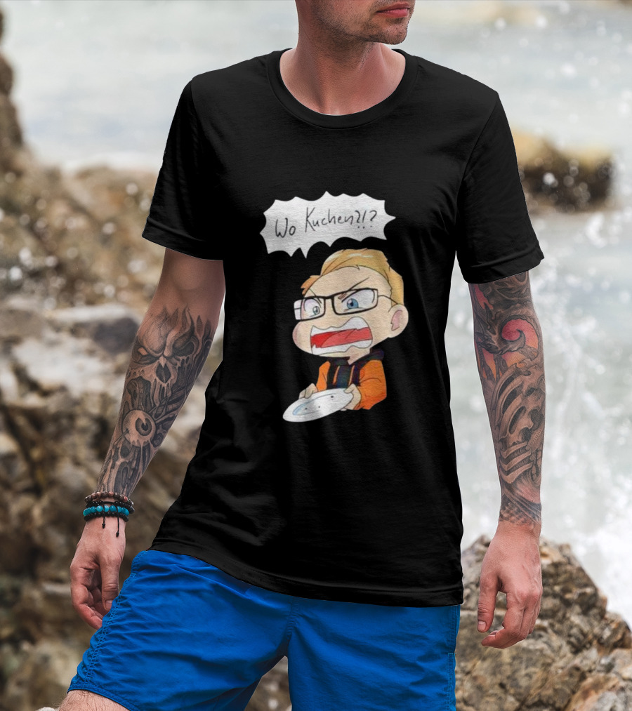 Wo Kuchen Cartoon Character With Glasses Holding A Plate T-Shirt