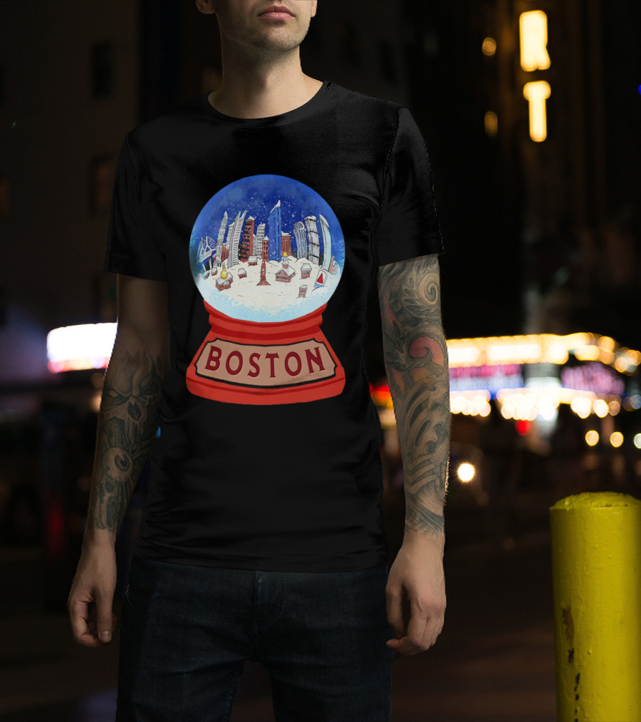 Boston Cityscape Snow Globes Christmas Holiday Scene T-Shirt