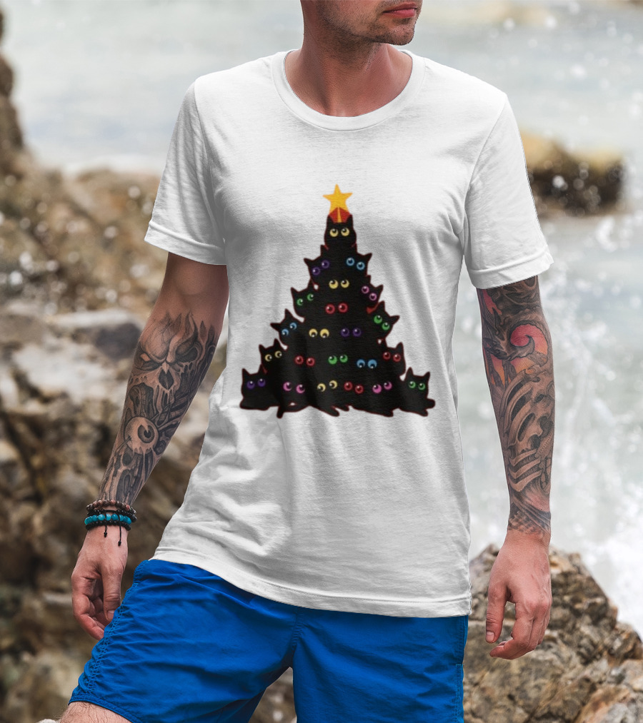 Cat Christmas Tree With Colorful Eyes And Star Top T-Shirt