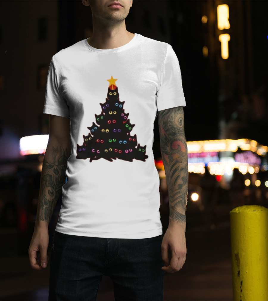 Cat Christmas Tree With Colorful Eyes And Star Top T-Shirt